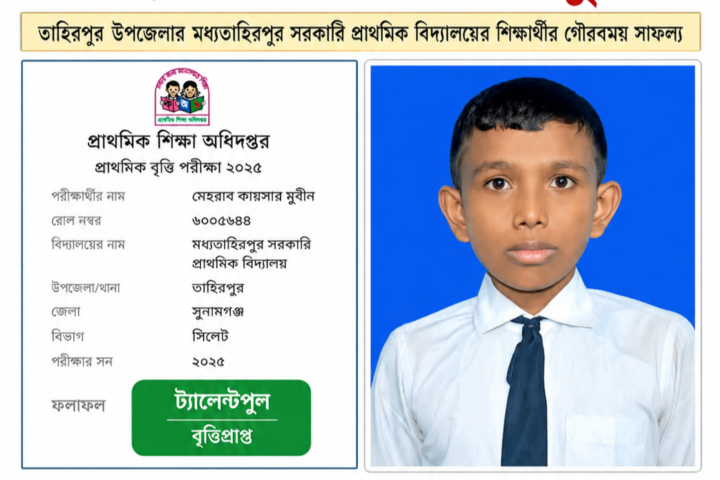 প্রাথমিক বৃত্তি পরীক্ষায় ট্যালেন্টপুলে বৃত্তি পেল মেহরাব কায়সার মুবীন